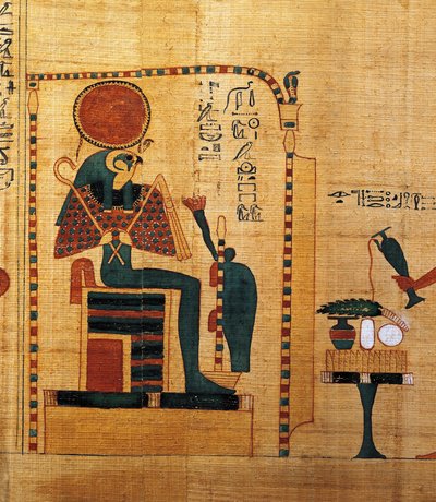 Mytologisk papyrus av Imenemsauf, hovedbærer av Amon. Detalj: gud Ra-Harakhti av Egyptian 22nd Dynasty