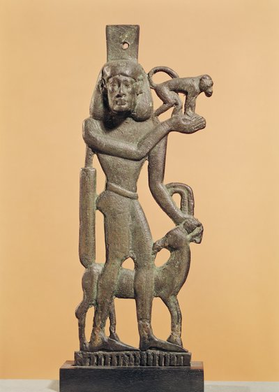 Figur av en mann som holder en ape med en steinbuk som slikker på kneet, Saite Period (bronse) av Egyptian 26th Dynasty