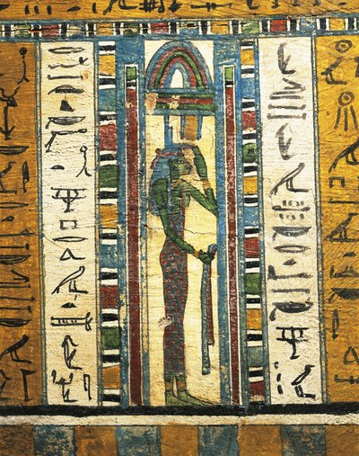 Pusset og malt trepanel som viser gudinnen Isis, fra Sarcophagus of Usai, Theben av Egyptian 26th Dynasty