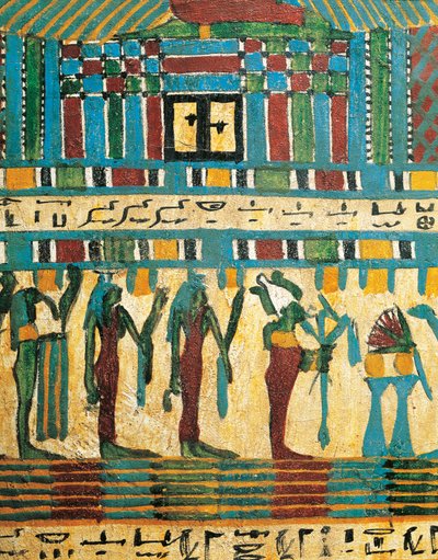 Pusset og malt trepaneldetalj med dommerkammer og gud Osiris etterfulgt av guddommeligheter, fra Sarcophagus of Usai, Theben av Egyptian 26th Dynasty