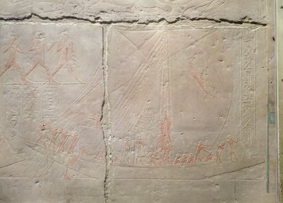 Relieff som viser en båtreise, fra Mastaba of Akhethotep, Old Kingdom, ca. 2400 f.Kr. (malt kalkstein) av Egyptian 5th Dynasty