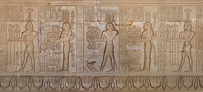 Egyptisk antikvitet: prosesjon av guddommer - Detalj av østveggen til tempelet til gudinnen Hathor a Denderah, Egypt - Egyptisk sivilisasjon: prosesjon av guder, skåret på veggen til Hathor-tempelet (eller Tentyra-tempelet) i Denderah, bygget under th av Egyptian 6th Dynasty
