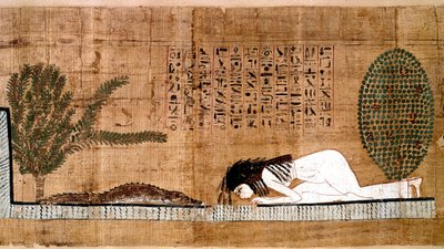 Egyptisk antikvitet: en nedlagt representant som tilber krokodillen, symbol på fecondite. Papyrus fra en dødebok. Kairo, egyptisk museum - Det gamle Egypt: en avdød som tilber krokodillen, symbol på fruktbarhet. Papyrus fra de dødes bok. av Egyptian Egyptian