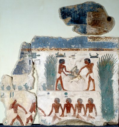 Egyptisk antikk: begynnelsen av sommeren. Fugler blir drept av to bønder. Detalj av en malt kalksteinsfresko fra soltemplet til Abu Gurob. Berlin, egyptisk museum av Egyptian Egyptian