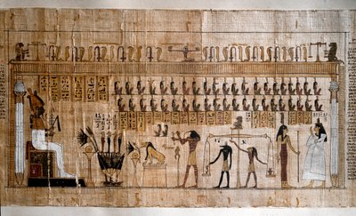 Egyptisk antikvitet: veiing av sjeler (psykostase). Papyrus av en dødebok. Torino, egyptisk museum - Det gamle Egypt: veiing av sjelene (psykostasi). Papyrus fra de dødes bok. Egyptisk museum, Torino, Italia av Egyptian Egyptian