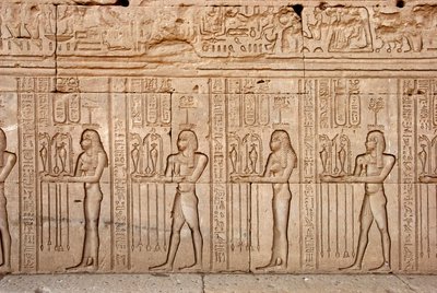 Egyptisk antikvitet: ofringer og hyllester presentert til gudinnen, Hathor-tempelet, Denderah, Egypt - Egyptisk sivilisasjon: tilbud og hyllester brakt til gudinnen - Figurer skåret på veggen til Hathor-tempelet (eller Tentyra-tempelet) i Denderah, av Egyptian Ptolemaic Period