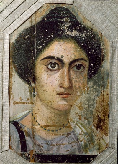 Egyptisk antikvitet: begravelsesportrett av en kvinne. Maling på tre. Slutten av det 2. århundre. Fra Fayum (Fayum) i Egypt. Firenze, museo archeologico av Egyptian School