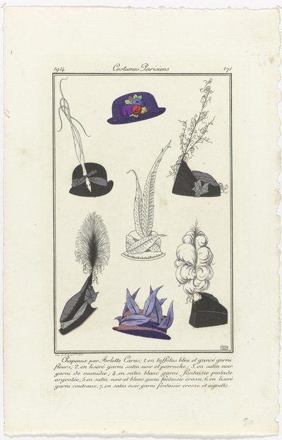 Tilbehør Journal des Dames et des Modes, Costumes Parisiens, 1914, nr. 171: Hats av Arlett (...) av Eiger
