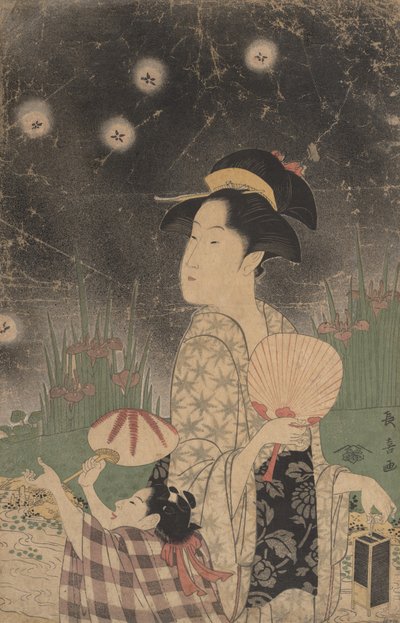 Kvinne og barn som fanger ildfluer, ca. 1793. av Eishōsai Chōki