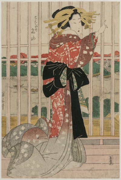 Courtesan Meizan fra Chojiya på en balkong med utsikt over Sumida-elven, ca. tidlig eller midten av 1820-tallet. av Kikugawa Eizan