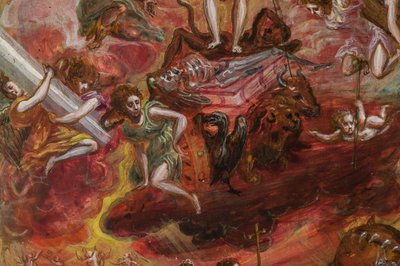 Bærbart alter: sentralpanel som viser en allegori om den kristne ridder, detalj av 2384586 (tempera grassa på panel) av El Greco