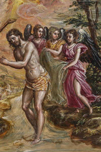 Bærbart alter: detalj av høyre dørpanel som viser Kristi dåp (tempera grassa på panel) av El Greco