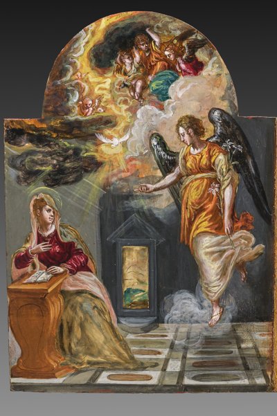Bærbart alter, venstre dørpanel på baksiden: Annunciation, detalj av 2384587 (tempera grassa på panel) av El Greco