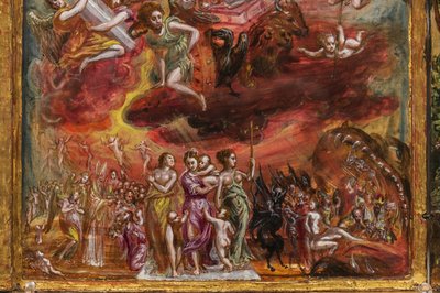 Bærbart alter: sentralpanel som viser en allegori om den kristne ridder, detalj av 2384586 (tempera grassa på panel) av El Greco