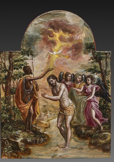 Bærbart alter: høyre dørpanel som viser Kristi dåp, detalj av 2384586 (tempera grassa på panel) av El Greco