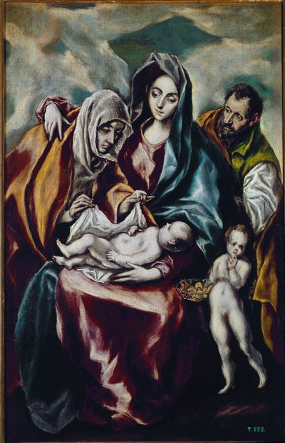 Jomfru og barn (den hellige familie med døperen Johannes og den hellige Anne) (olje på lerret av El Greco