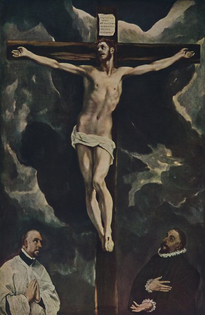 Kristus på korset, med to givere, Kristus på korset tilbedt av givere, c1590, 1938 av El Greco