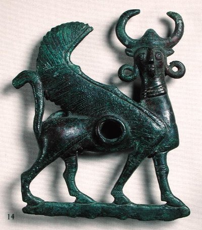 Hestebit i form av en bevinget okse med menneskehode, fra Luristan, Iran (bronse) av Elamite