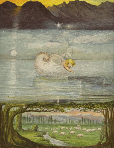 En gyllen båt på et flott, flott vann (farge litho) av Eleanor Fortescue Brickdale
