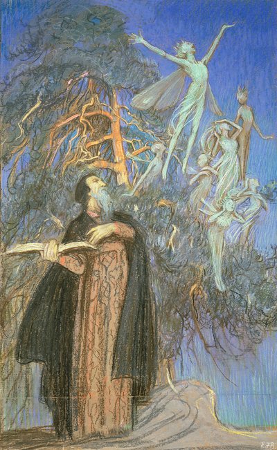 Prospero og Ariel, en studie for et tapt bilde bestilt for Broadcasting House, London, ca. 1931 (pastell på papir) av Eleanor Fortescue-Brickdale