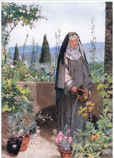 St Clare i hagen til klosteret hun grunnla (litho) av Eleanor Fortescue-Brickdale