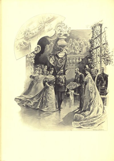 Alexandra Fyorodovna og Nicholas II under den seremonielle mottakelsen ved den franske ambassaden, 1899 av Elena Petrovna Samokish-Sudkovskaya