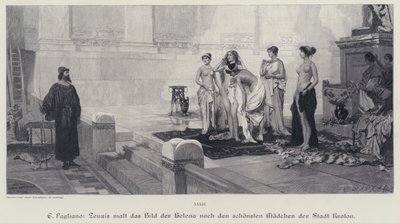 Den antikke greske kunstneren Zeuxis velger blant de vakreste kvinnene i byen Crotone modellen for hans maleri av Helen av Troja (gravering) av Eleuterio Pagliano
