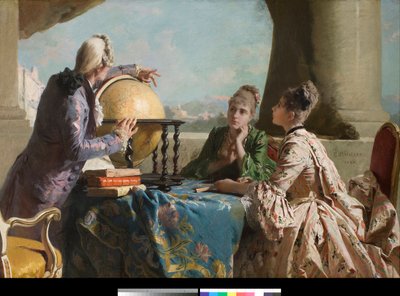The Lecon of Geography To unge kvinner i det høye samfunnet og deres lærer viser dem en jordklode Maleri av Eleuterio Pagliano (1826-1903) 1880 Privat samling av Eleuterio Pagliano