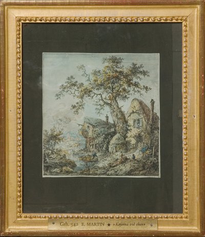 Landschaft mit Bauernhof oder Hütten bei der Eiche av Elias Martin