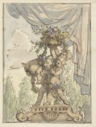 Tre putti med en blomsterkurv av Elias van Nijmegen