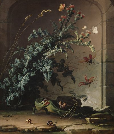 Steinnisje med tistel, øgle og insekter, 1690 av Elias van den Broeck