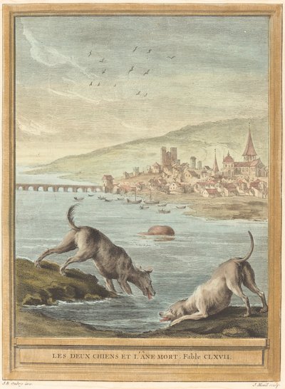 To hunder og det døde eselet av Elie du Mesnil after Jean Baptiste Oudry