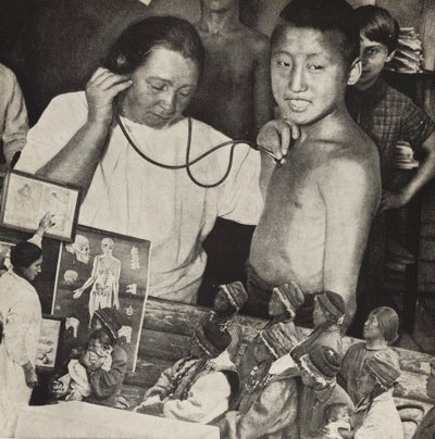 Medisin i USSR. Illustrasjon fra USSR Builds Socialism, 1933. av Eliezer Markowich Lissitzky