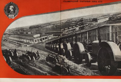 Stalingrad traktorfabrikk. Illustrasjon fra USSR Builds Socialism, 1933. av Eliezer Markowich Lissitzky