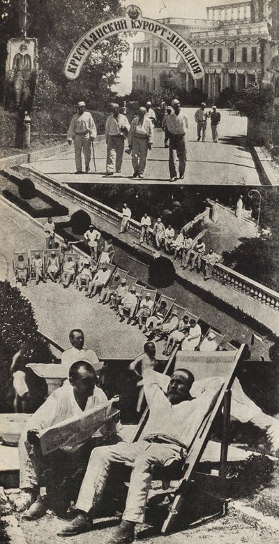 Arbeidernes helseutvinning. Illustrasjon fra USSR Builds Socialism, 1933. av Eliezer Markowich Lissitzky
