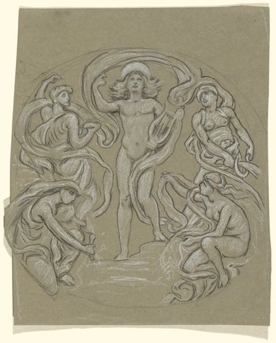 Studie for Center Circle of Huntington Ceiling: Apollo and Attendants av Elihu Vedder