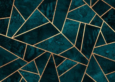 Geometrisk mosaikk i blågrønn og gull av Elisabeth Fredriksson