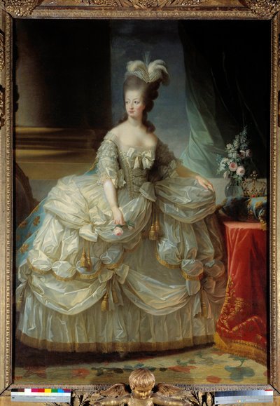 Portrett i foten av Marie Antoinette av Lorraine Habsburg Dronning av Frankrike (1755-1793) i stor hoffdrakt, en rose i hånden Maleri av Marie Elisabeth Louise Vigee Le brun (eller Vigee-Lebrun eller Vigee Lebrun) (1755-1842) 1700-tallet Sol. 2,23 x 1,58 m av Elisabeth Louise Vigee Lebrun