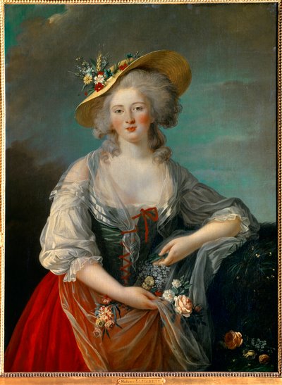 Portrett av Elisabeth Philippine Marie Helene fra Frankrike kjent som Madame Elisabeth (1764-1794), søster av Louis XVI representert i 1782, i en landsdrakt som presenterer blomster Maleri av Marie Elisabeth Louise Vigee Le brun (eller Vigee-Lebrun eller V av Elisabeth Louise Vigee Lebrun
