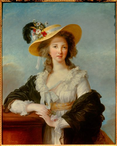 Portrett av Yolande Gabrielle Martine de Polastron, hertuginne av Polignac (1749-1793) med stråhattmaleriet av Marie Elisabeth Louise Vigee Le brun (eller Vigee-Lebrun eller Vigee Lebrun) (1755-1842) 1782 Søn. 0,92x0,73 m - Portrett av hertuginnen - Portre av Elisabeth Louise Vigee Lebrun