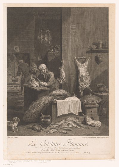 Kjøkkenscene med ansatte som tilbereder måltidet Le Cuisinier Flamand (tittel på objekt) av Élisabeth Lépicié