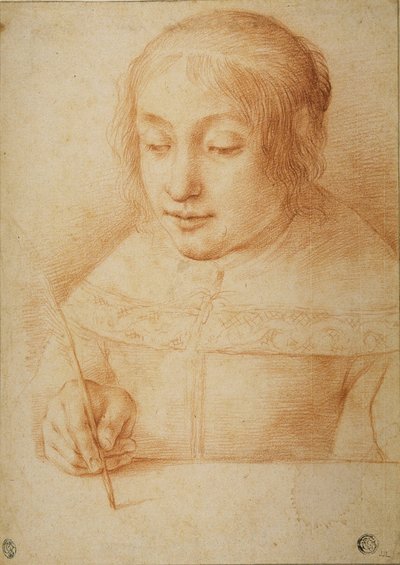 Ung kvinne som skriver eller tegner av Elisabetta Sirani