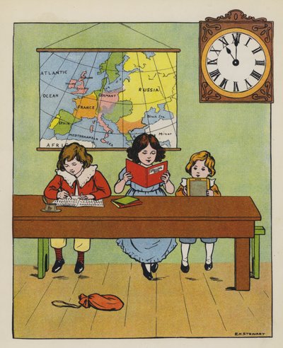 Leksjonstid (fargelitho) av Elise H. Stewart