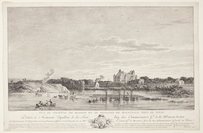 Utsikt over Château de Madrid og Pavillon de Bagatelle (Vue du Chateau de Madrid et du Pavillon de Bagatelle pres de Paris) av Elise Saugrain
