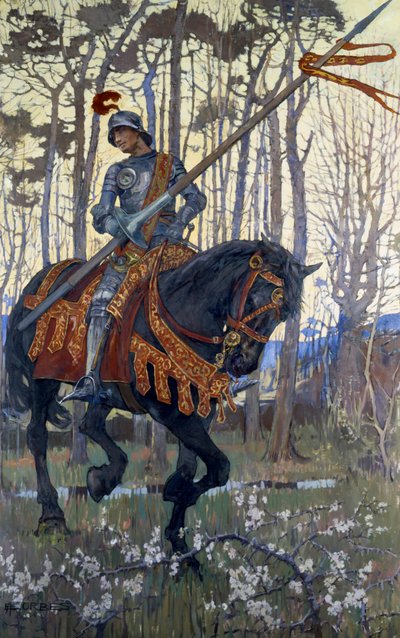 En ridder i rustning reiser gjennom skogen, illustrasjon fra «King Arthur#39;s Wood» av Elizabeth Adela Stanhope Forbes (fargelitografi) av Elizabeth Adela Stanhope Forbes