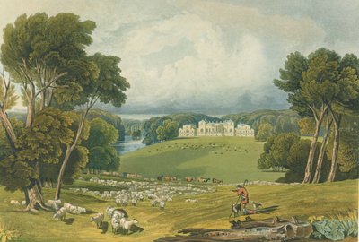 Utsikt over Holkham Hall, Norfolk, gravert av Robert Havell (1769-1832) 1818 (fargegravering) av Elizabeth Blackwell