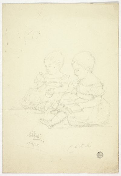 To sittende babyjenter (recto), et stilleben og to dyr (verso) av Elizabeth Murray