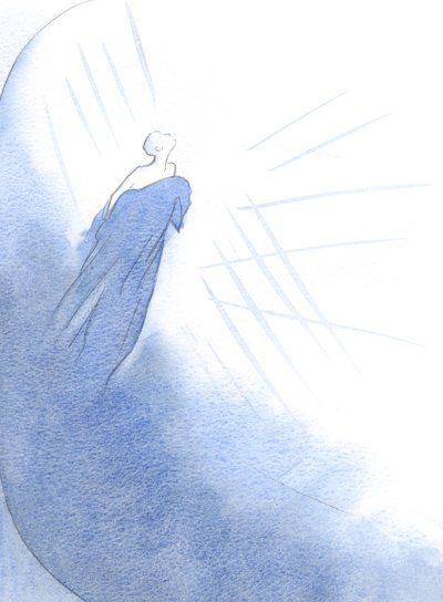 En avdød sjel (en god person) dukket opp fra en tynn kokong av egenkjærlighet, og var hele tiden i fart mot himmelens herlighet., 2001 (w/c på papir) av Elizabeth Wang