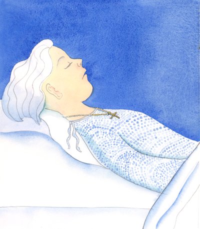 En trofast, ydmyk person som har forsøkt å behage sin Frelser, kan dø i fred og si til seg selv: «Jeg har forsøkt å leve som en god venn av Kristus», 2005 (akvarell på papir) av Elizabeth Wang