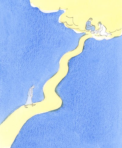 En person som av kjærlighet til Gud elsker og tjener sin neste, går en hard vei mot himmelen, med bratte stigninger, 2004 (w/c på papir) av Elizabeth Wang